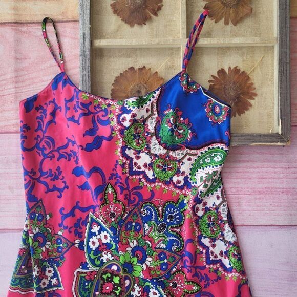 Natori Pink/Blue Multicolored Paisley Satin Midi Shift Slip Dress M/L - Picture 2 of 6